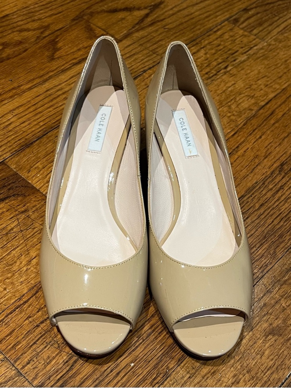 Cole Haan Beige Patent Peep-Toe Pumps